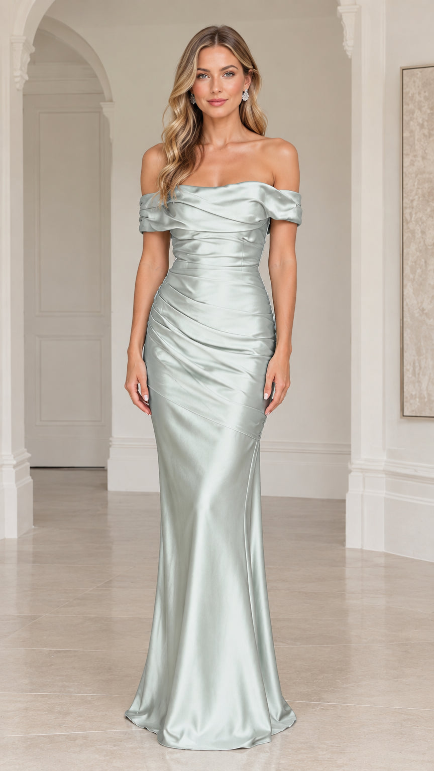 Front view of model wearing a Sage Green off-the-shoulder ruched satin mermaid gown