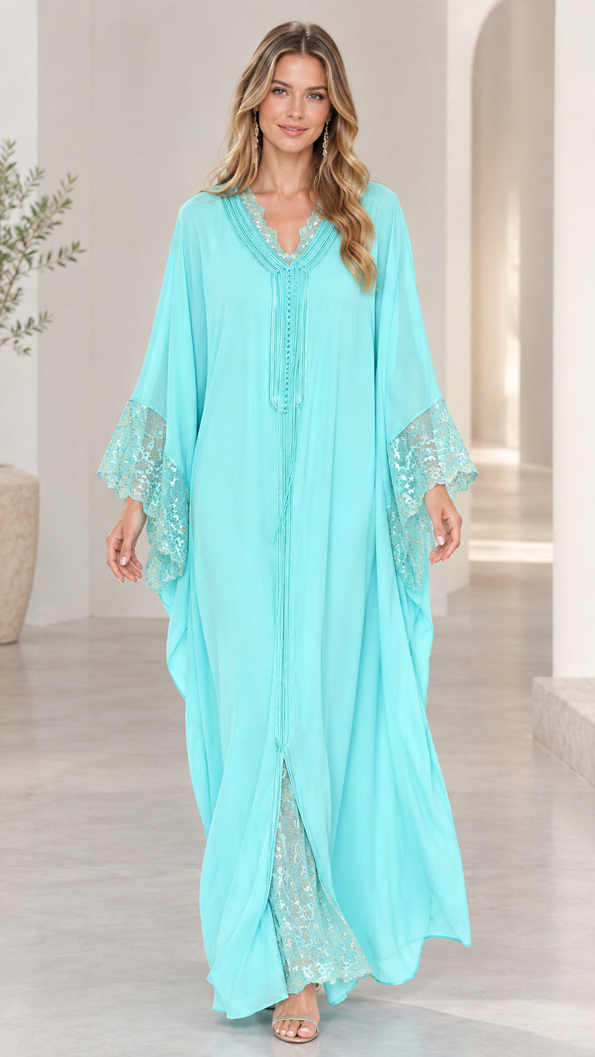 Full front view of model wearing aqua blue lace-trim caftan maxi dress