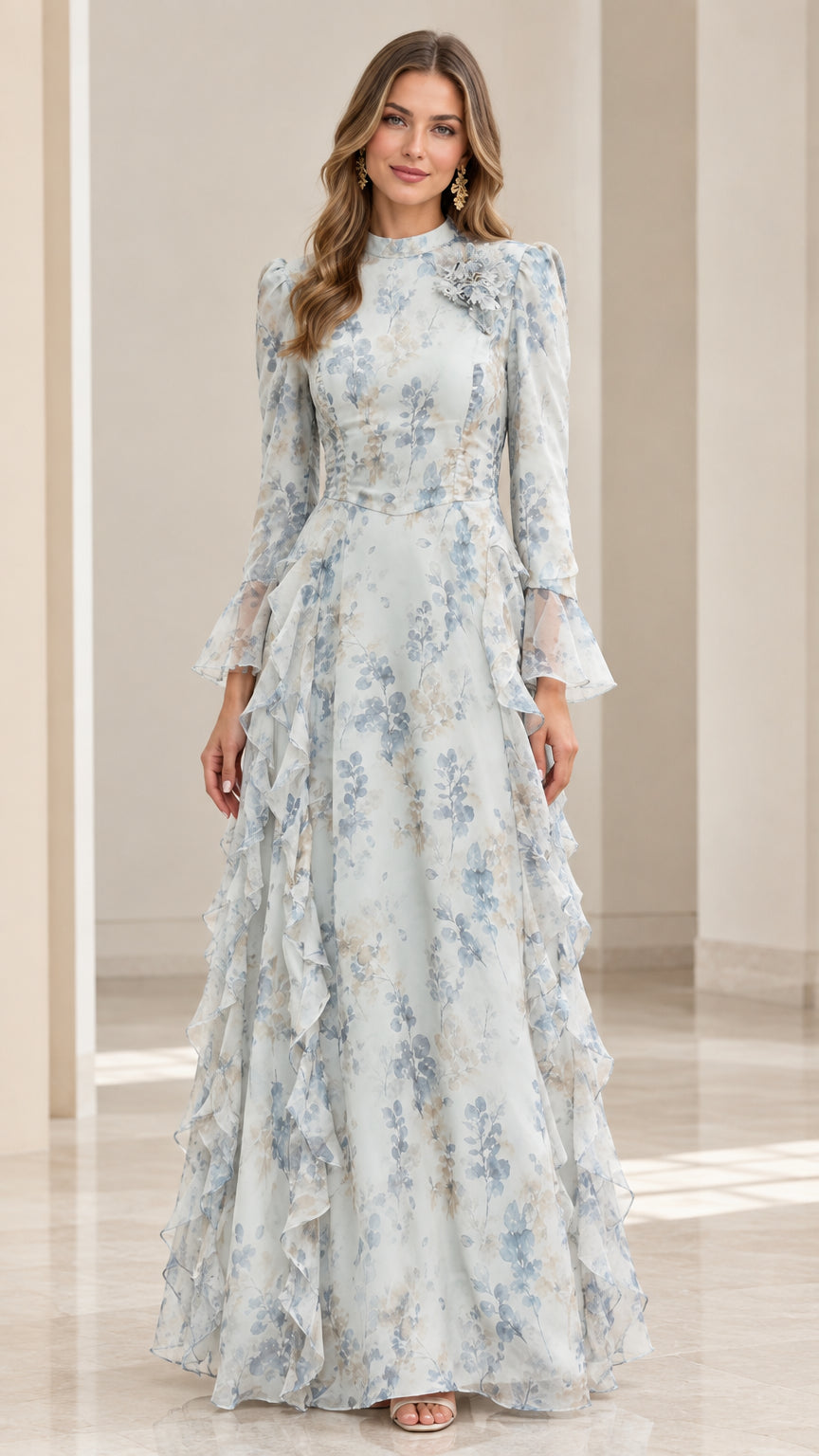 Front view of woman wearing dusty blue floral mock neck maxi dress with 3D flower applique