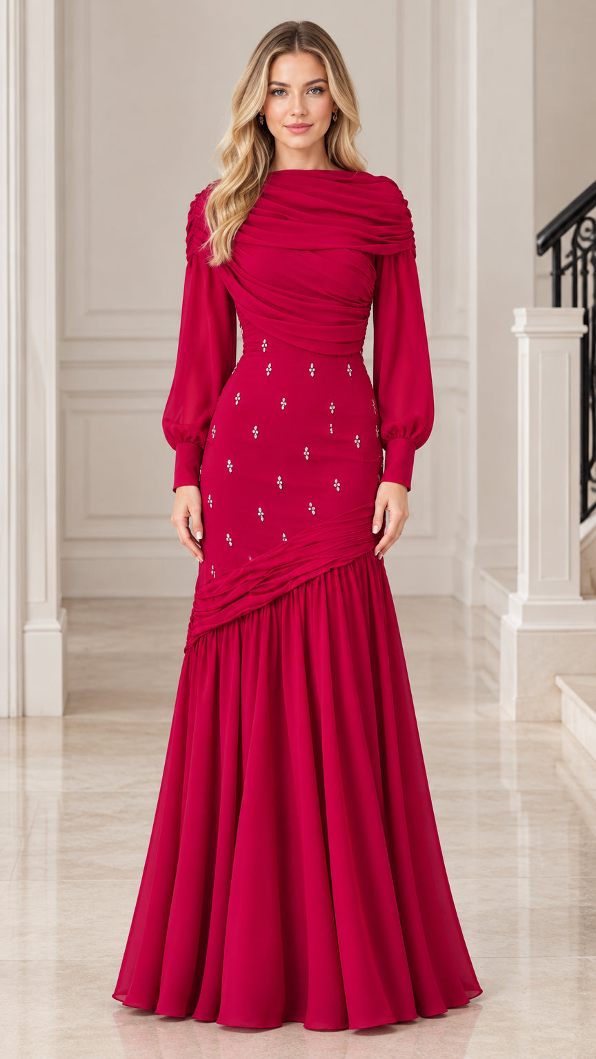 Front view of model wearing full-length Raspberry long sleeve evening gown with draped neck and rhinestone accents