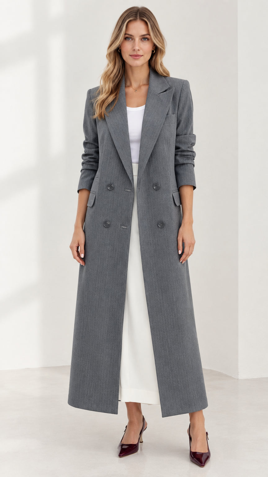 Front full-length view of woman wearing grey tailored maxi coat over white outfit