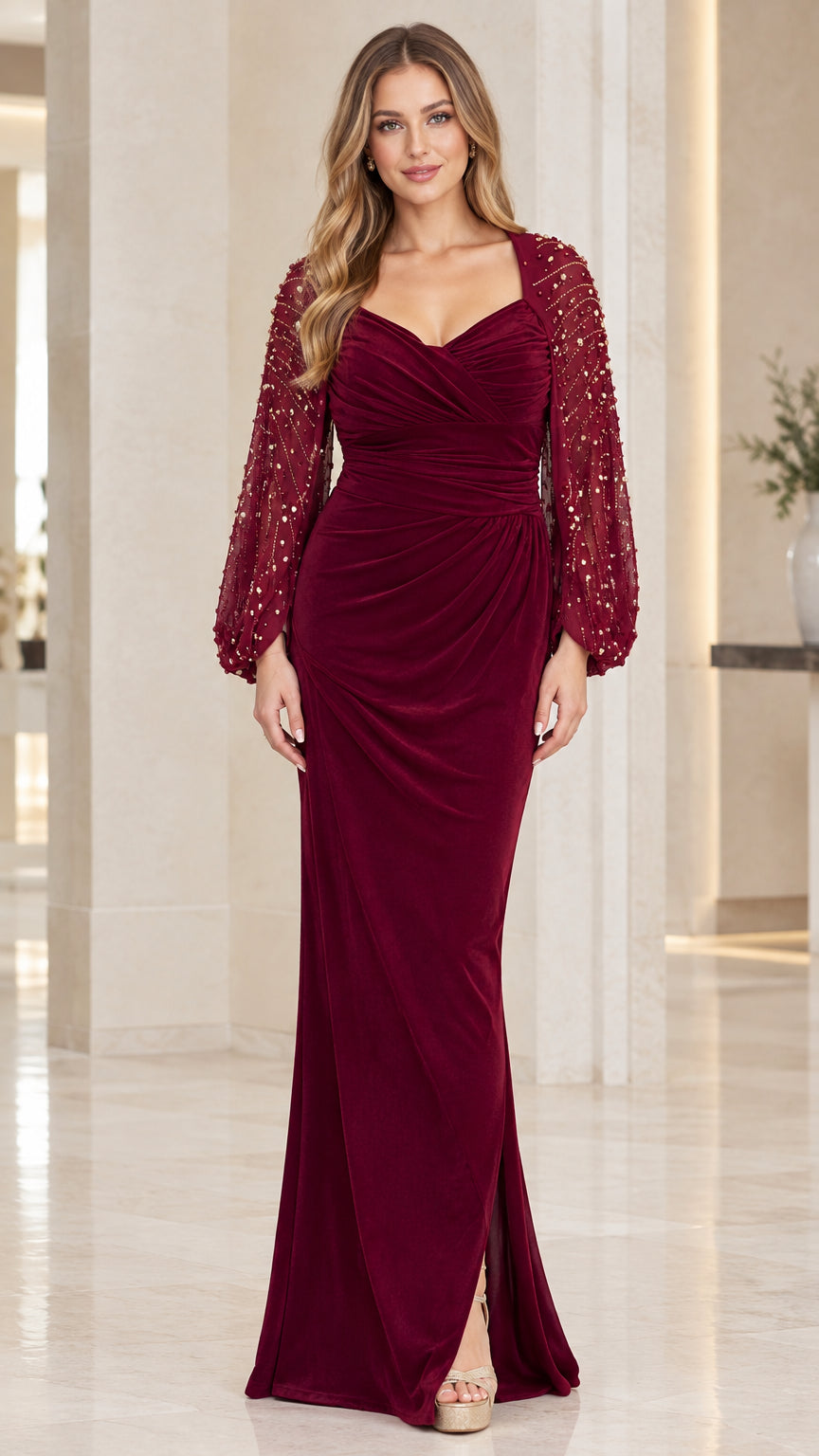 Burgundy ruched velvet maxi gown with embellished sheer sleeves front view