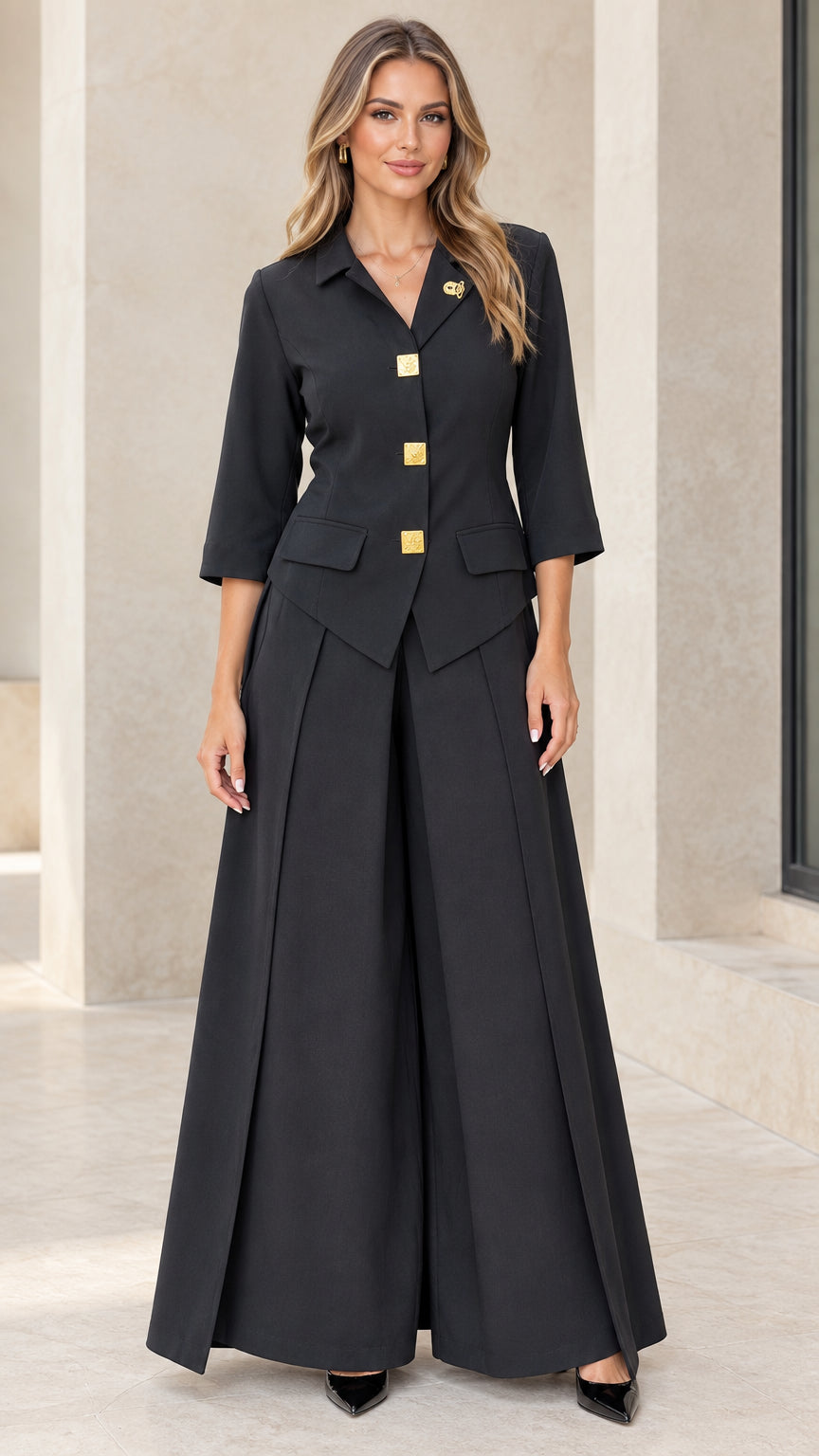 Front full view of women wearing black 2-piece blazer and wide-leg suit set