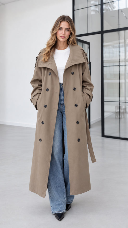 Full-length front view of model wearing khaki double-breasted long trench coat over white tee and jeans