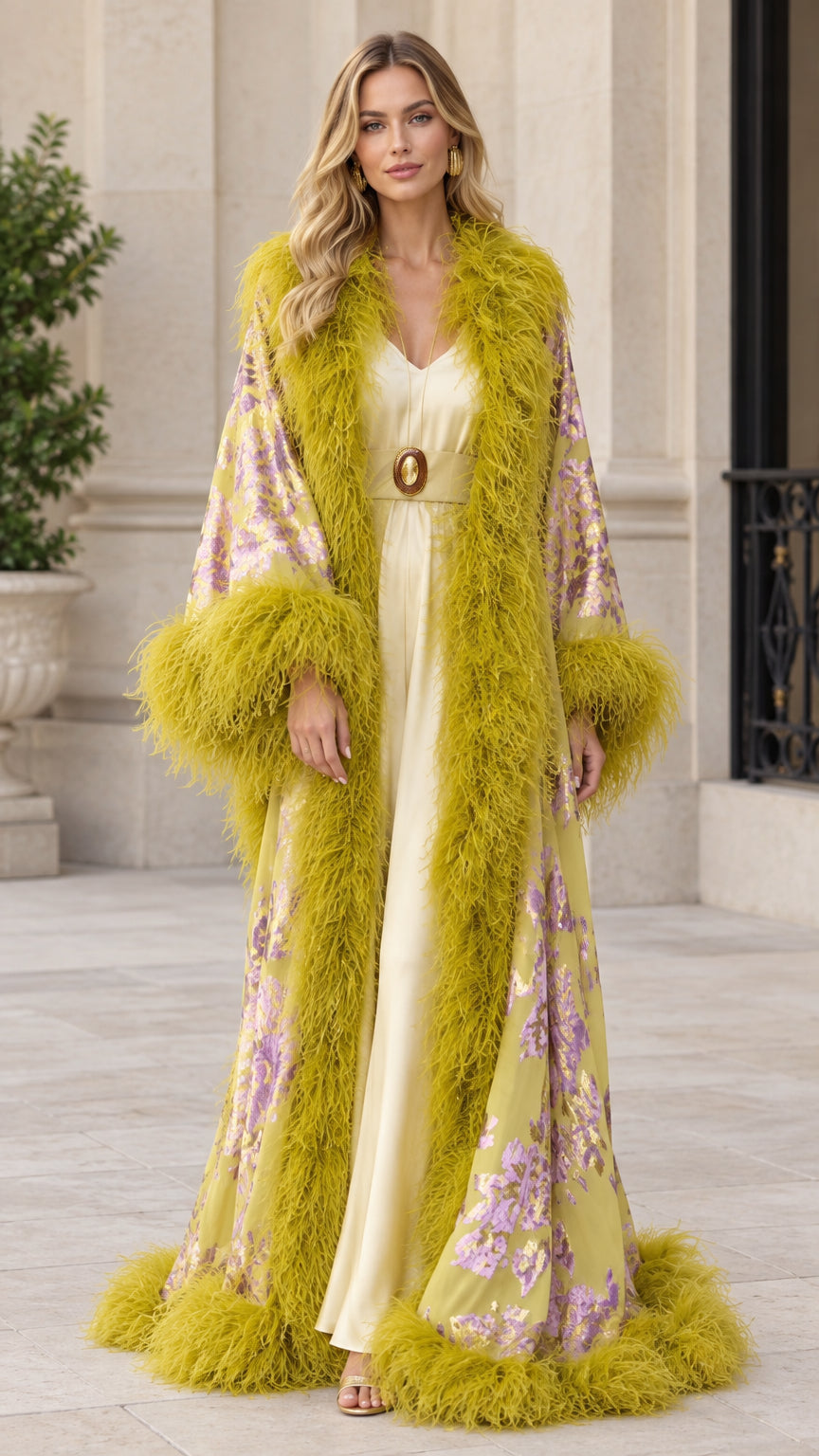 Chartreuse yellow floral jacquard maxi duster robe with voluminous matching feather trim