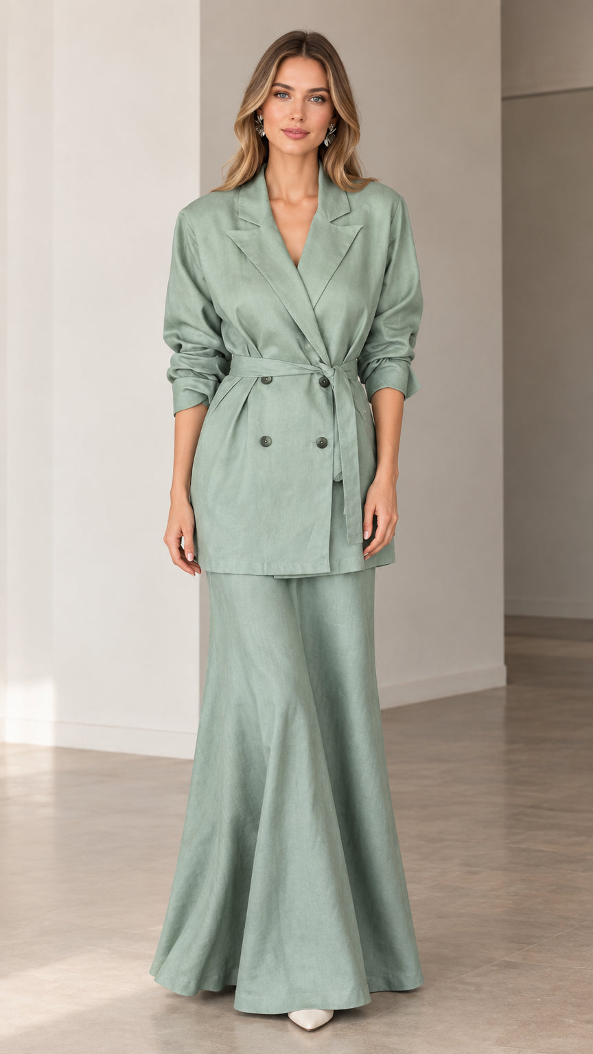 Front view of model wearing sage green double-breasted belted blazer and maxi skirt suit set