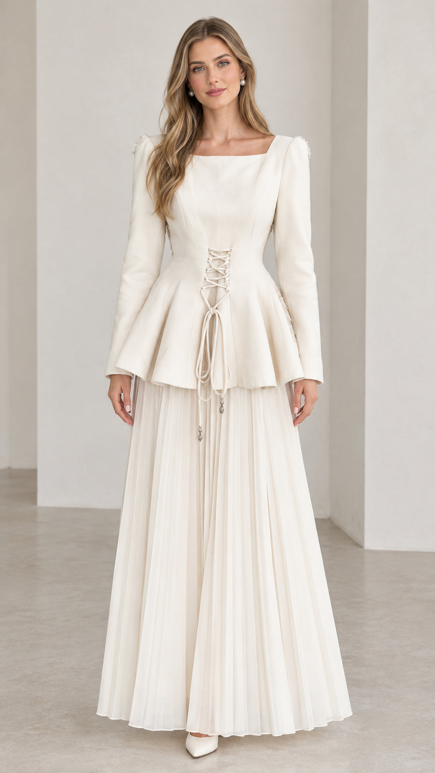 Off-white square neck long sleeve corset peplum maxi dress front view