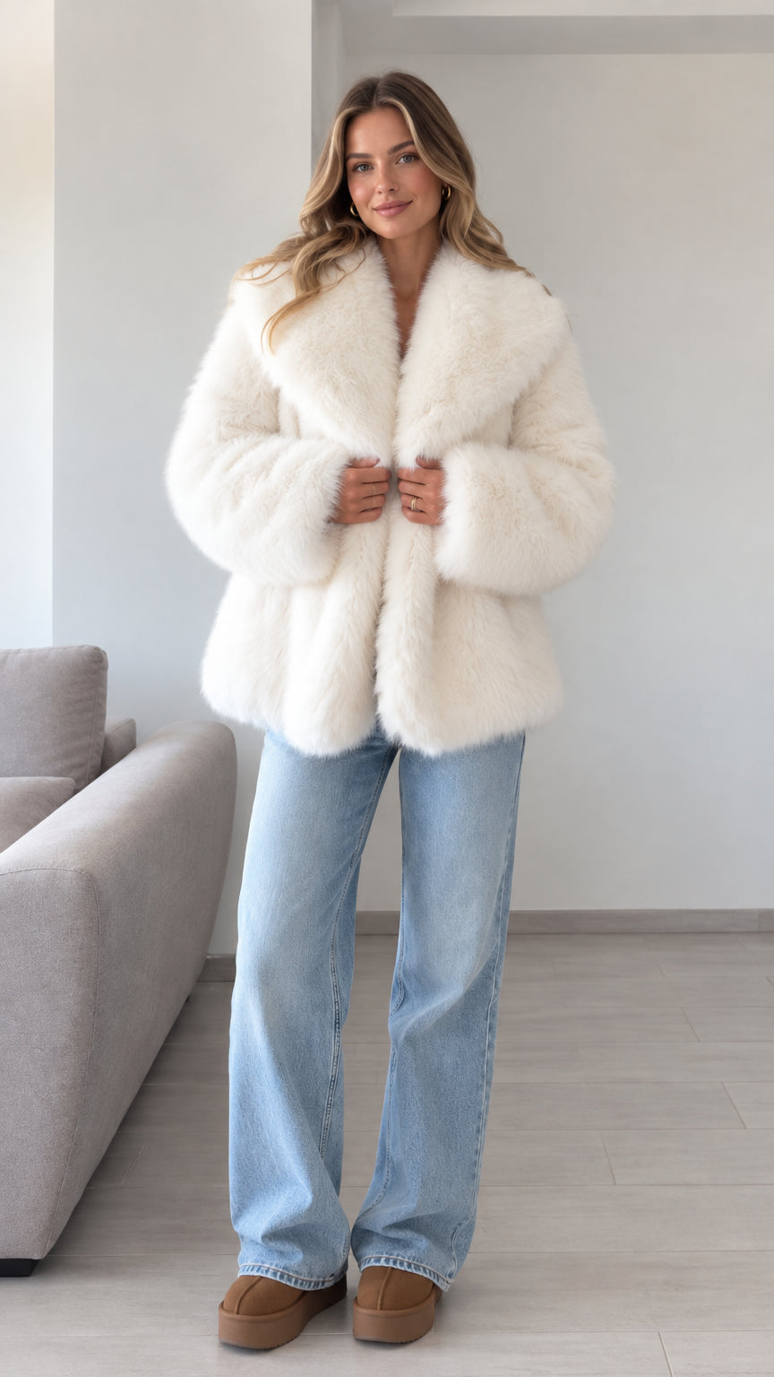 Front view of model wearing ivory plush faux fur lapel coat with light-wash jeans
