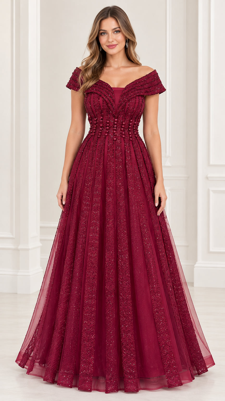 Burgundy off-the-shoulder beaded A-line evening gown front view