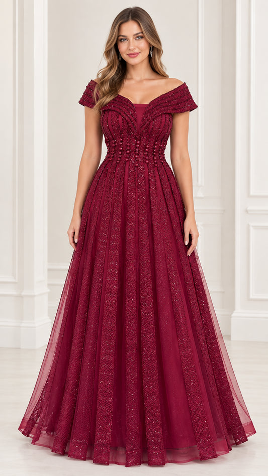 Burgundy off-the-shoulder beaded A-line evening gown front view