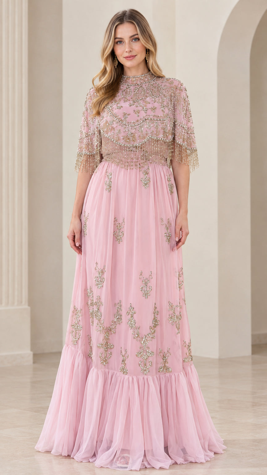 Blush Pink Beaded Capelet Maxi Evening Gown Front View