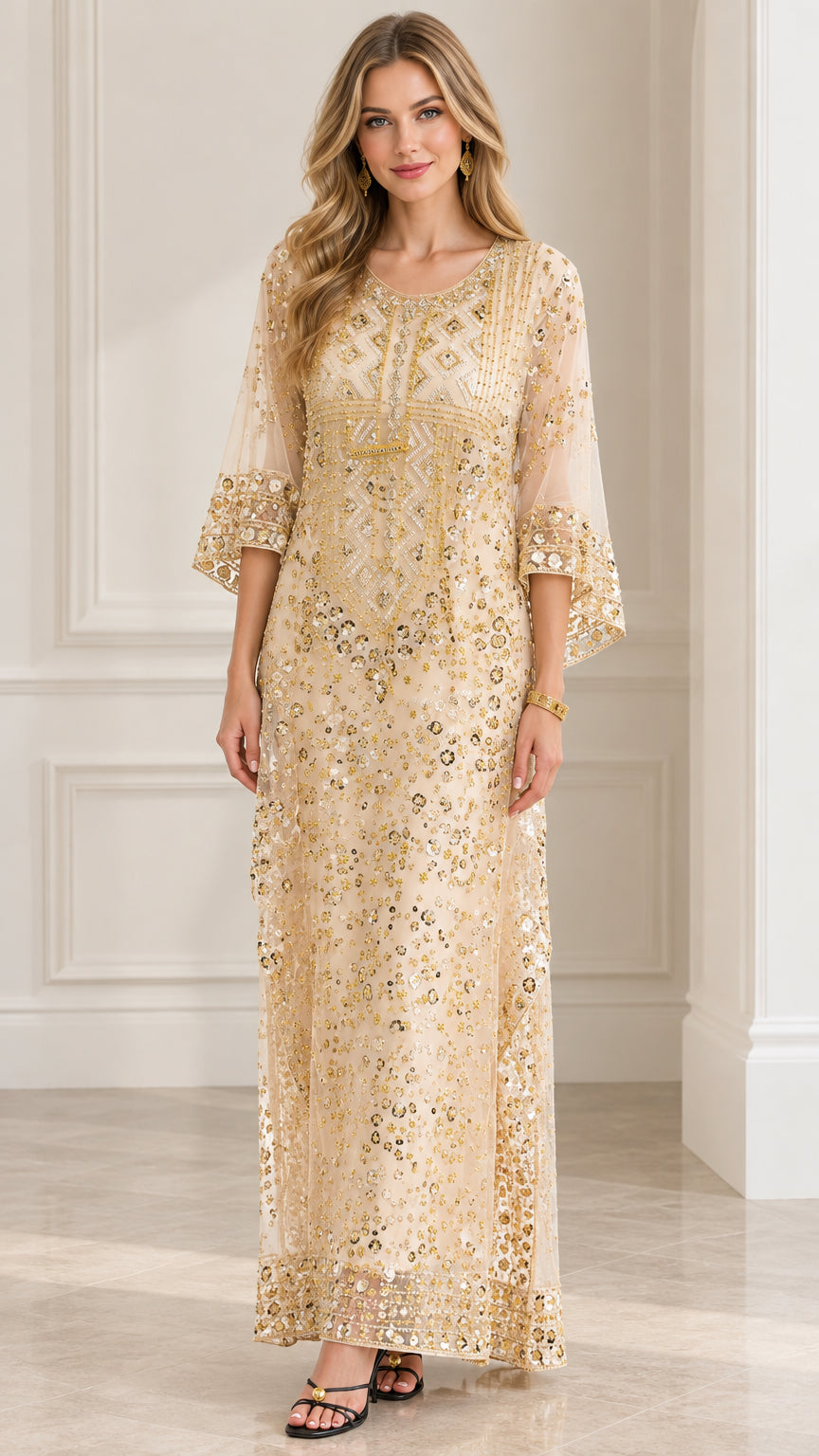 Full-length front view of model wearing Champagne sequin embellished maxi dress with 3/4 flared sleeves