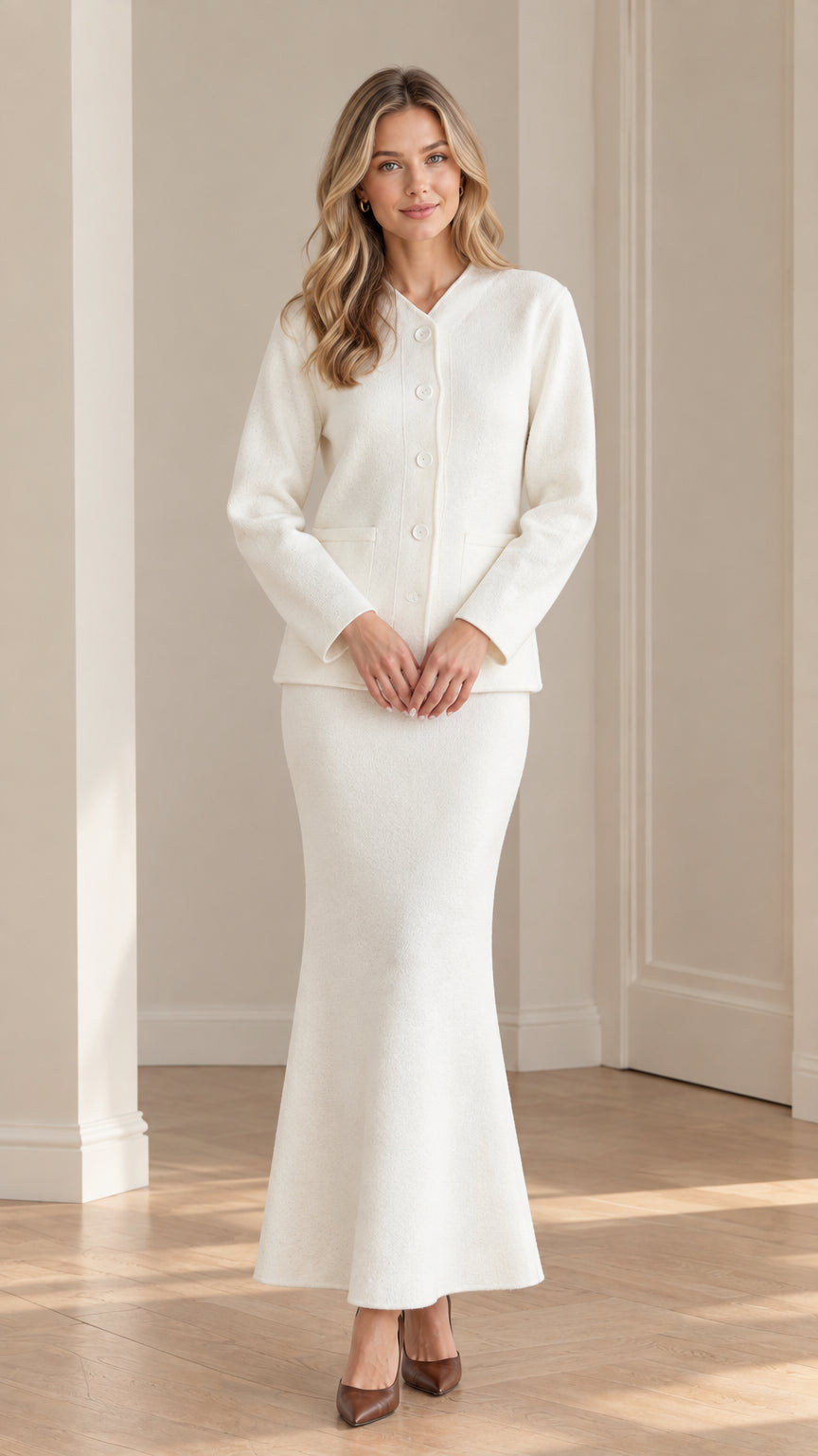 Ivory two-piece blazer and maxi skirt suit set front view on model