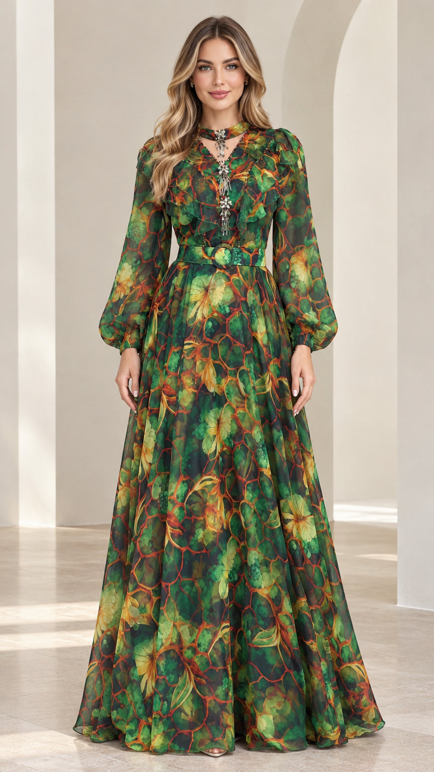 Front view of model wearing Emerald Green floral chiffon maxi dress with long sleeves and belt