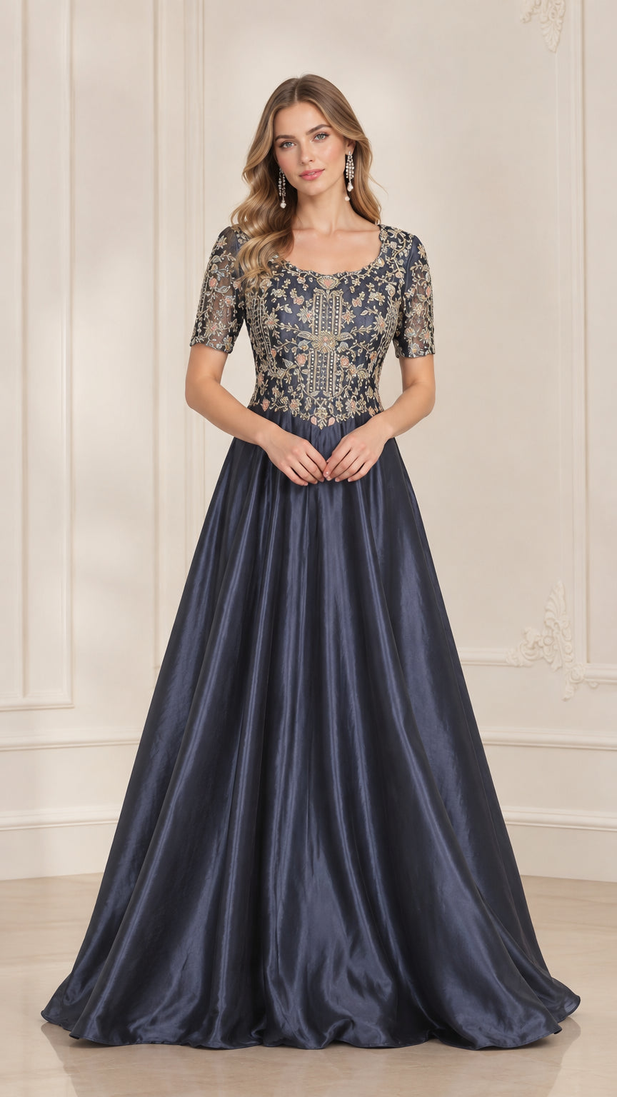 Front view of model wearing Navy Blue embroidered bodice short sleeve A-line evening gown