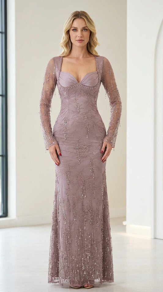 Front view of mauve long sleeve beaded evening dress