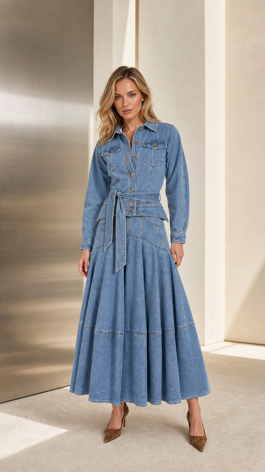 Front view of model wearing Light Blue long sleeve denim maxi shirt dress with belt