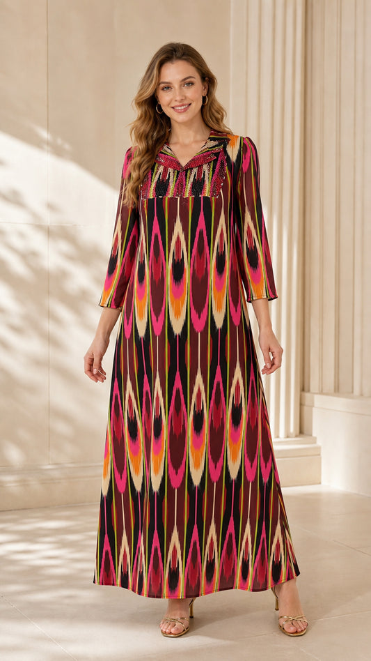 Front view of model wearing Burgundy Multi ikat print embellished split neck maxi dress