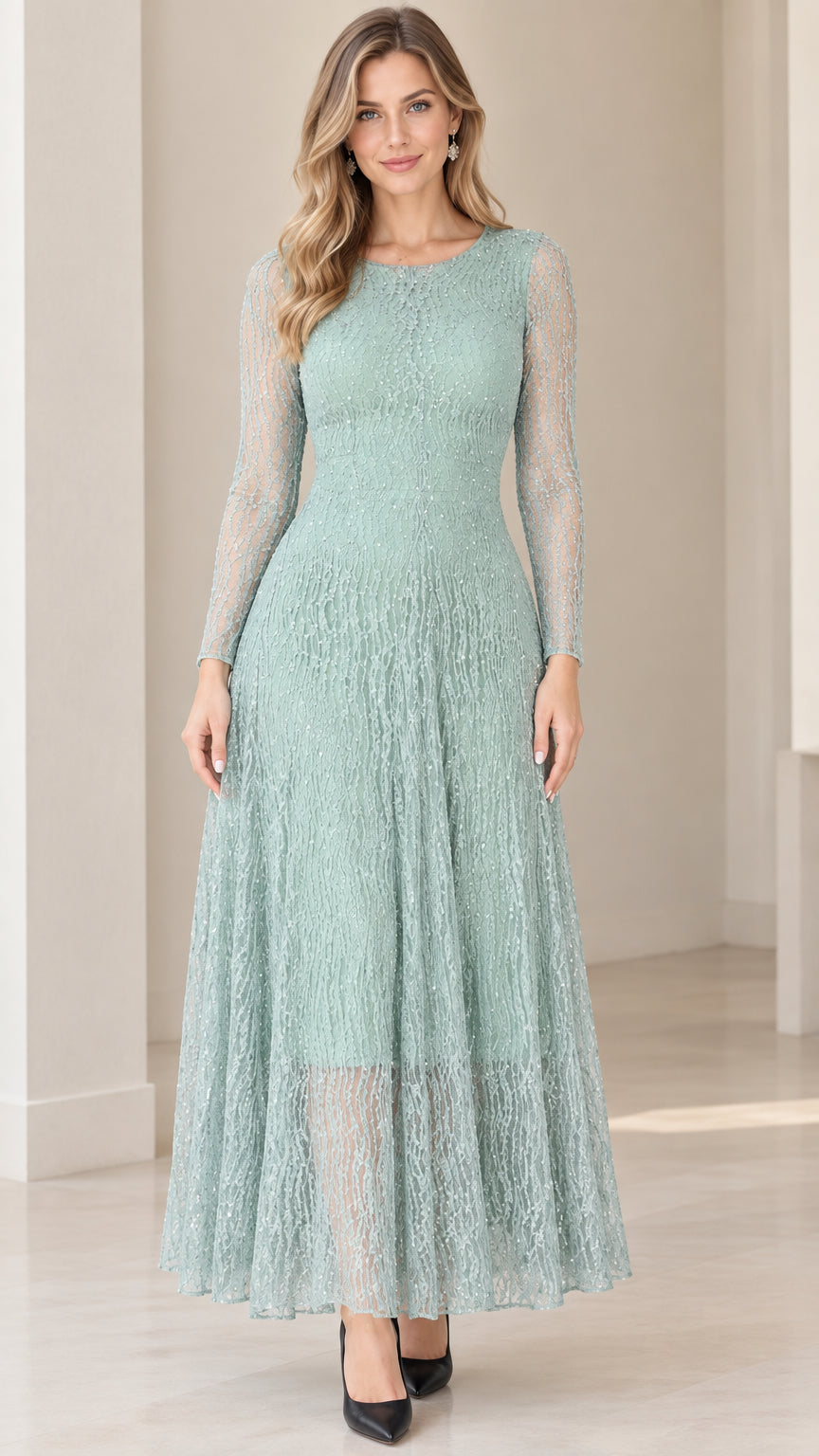Front view of woman wearing Sage Green long sleeve sequin lace maxi dress