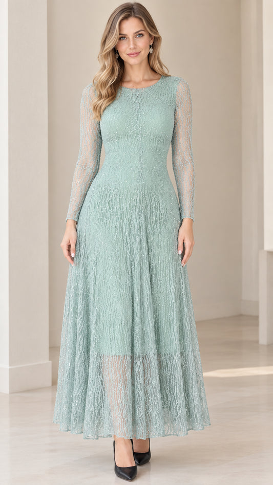Front view of woman wearing Sage Green long sleeve sequin lace maxi dress