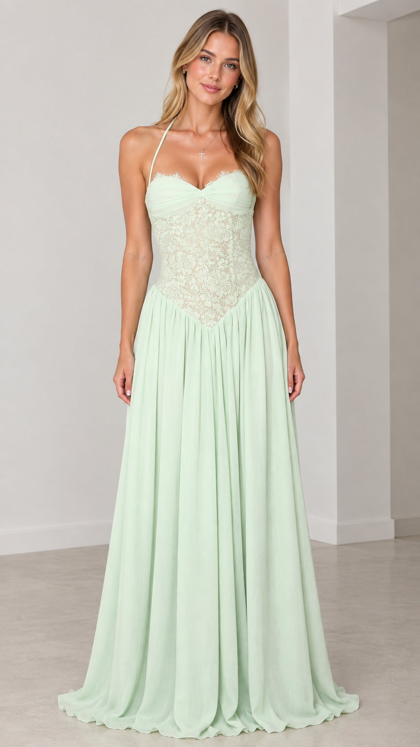 Front view of model wearing mint green lace bodice halter maxi dress