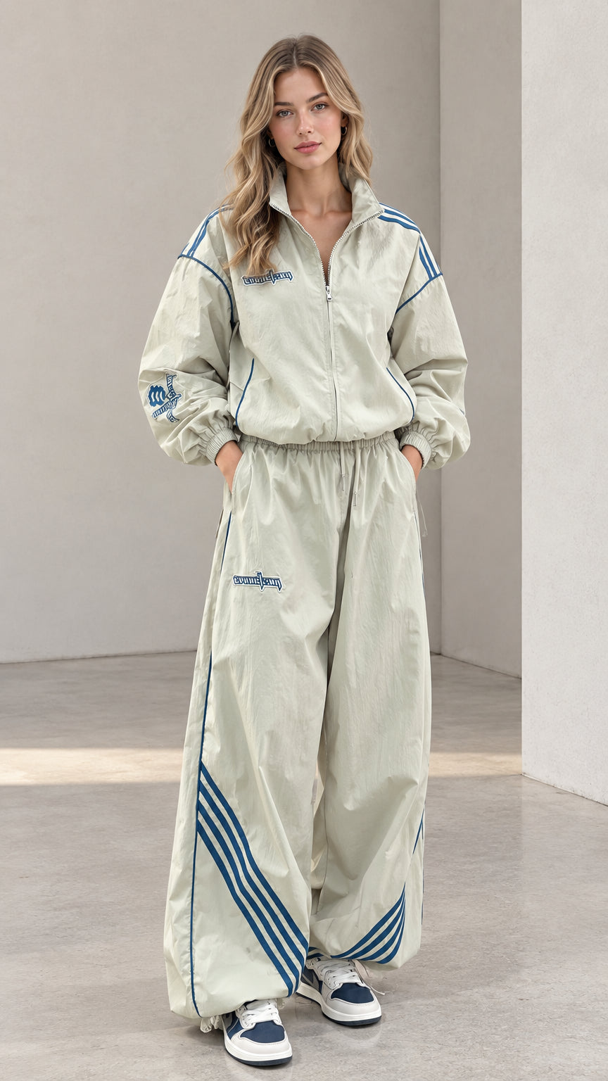 Front view of woman wearing sage green retro two-piece windbreaker tracksuit set