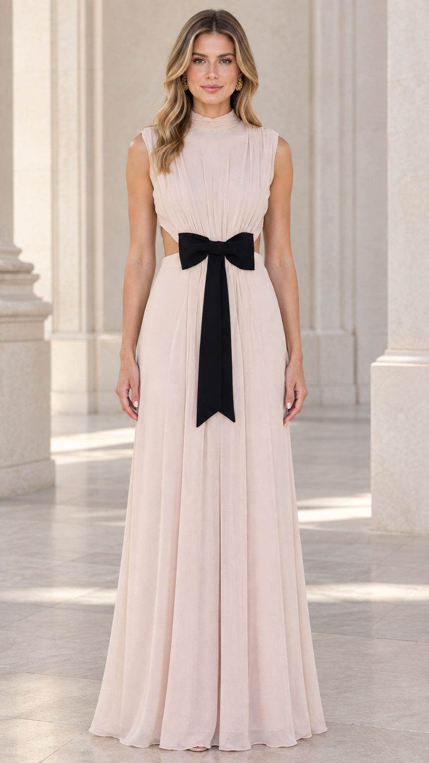 Front view of model wearing blush pink high neck pleated maxi dress with black bow