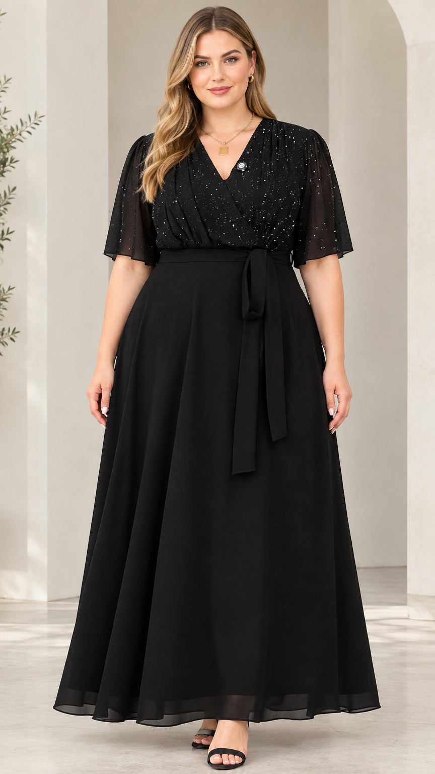 Full front view of model wearing black glitter bodice flutter sleeve chiffon evening maxi dress