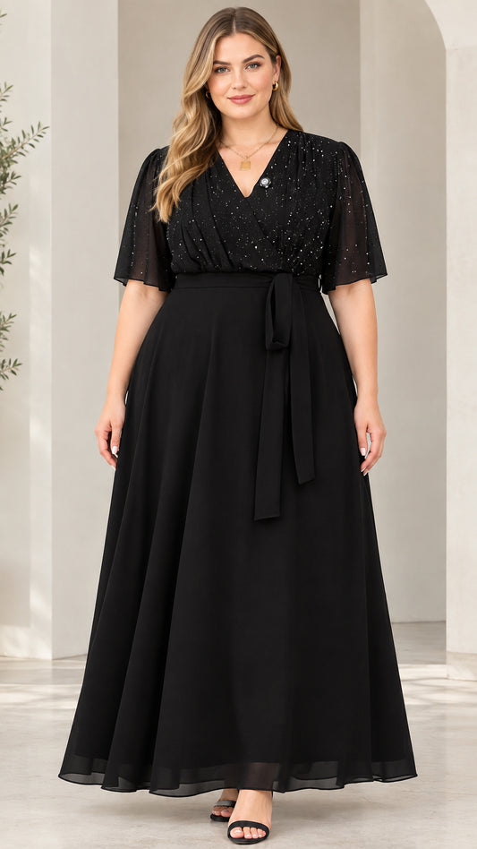 Full front view of model wearing black glitter bodice flutter sleeve chiffon evening maxi dress