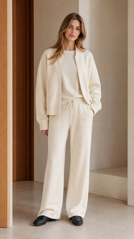 Full front view of model wearing cream 3-piece knit lounge set with zip cardigan and wide leg pants