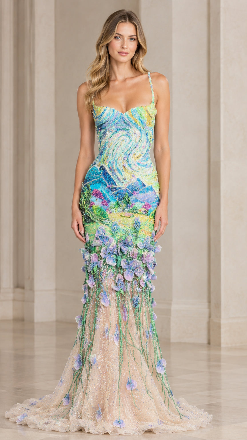 Aqua Blue impressionist beaded mermaid evening gown with 3D floral appliqués - front view