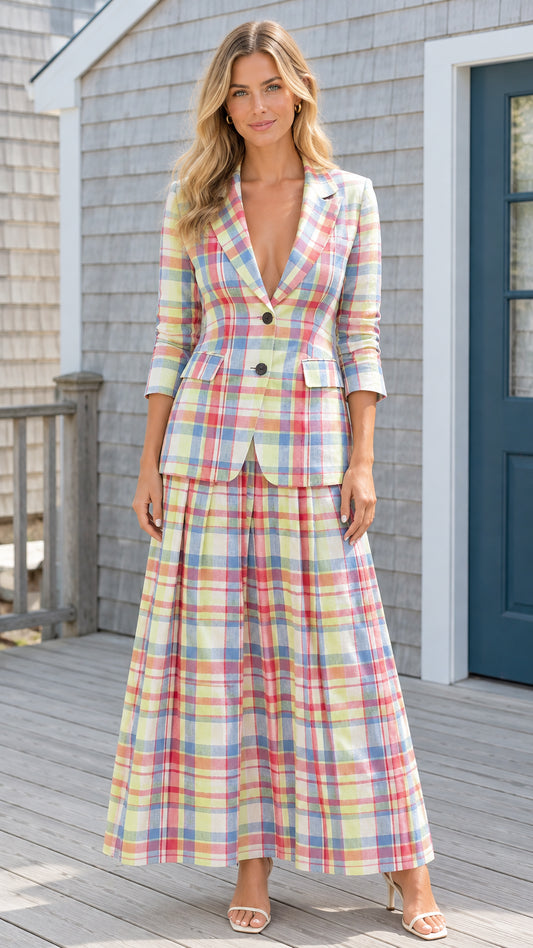 Front view of woman wearing pastel multi plaid blazer and matching pleated maxi skirt