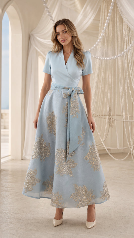 Front view of model wearing Light Blue floral jacquard wrap midi dress