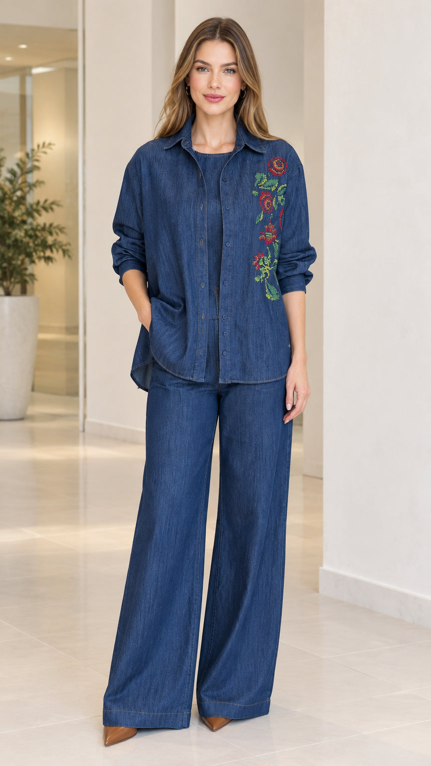 Women's denim blue floral embroidered button-down shirt and wide-leg pants set front view