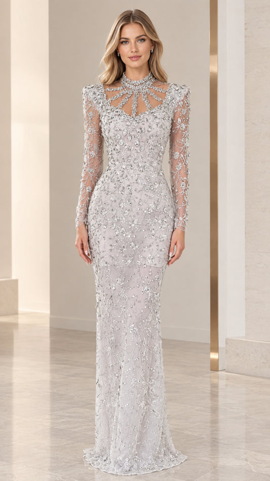 Front view of woman wearing silver embellished long sleeve high neck evening gown
