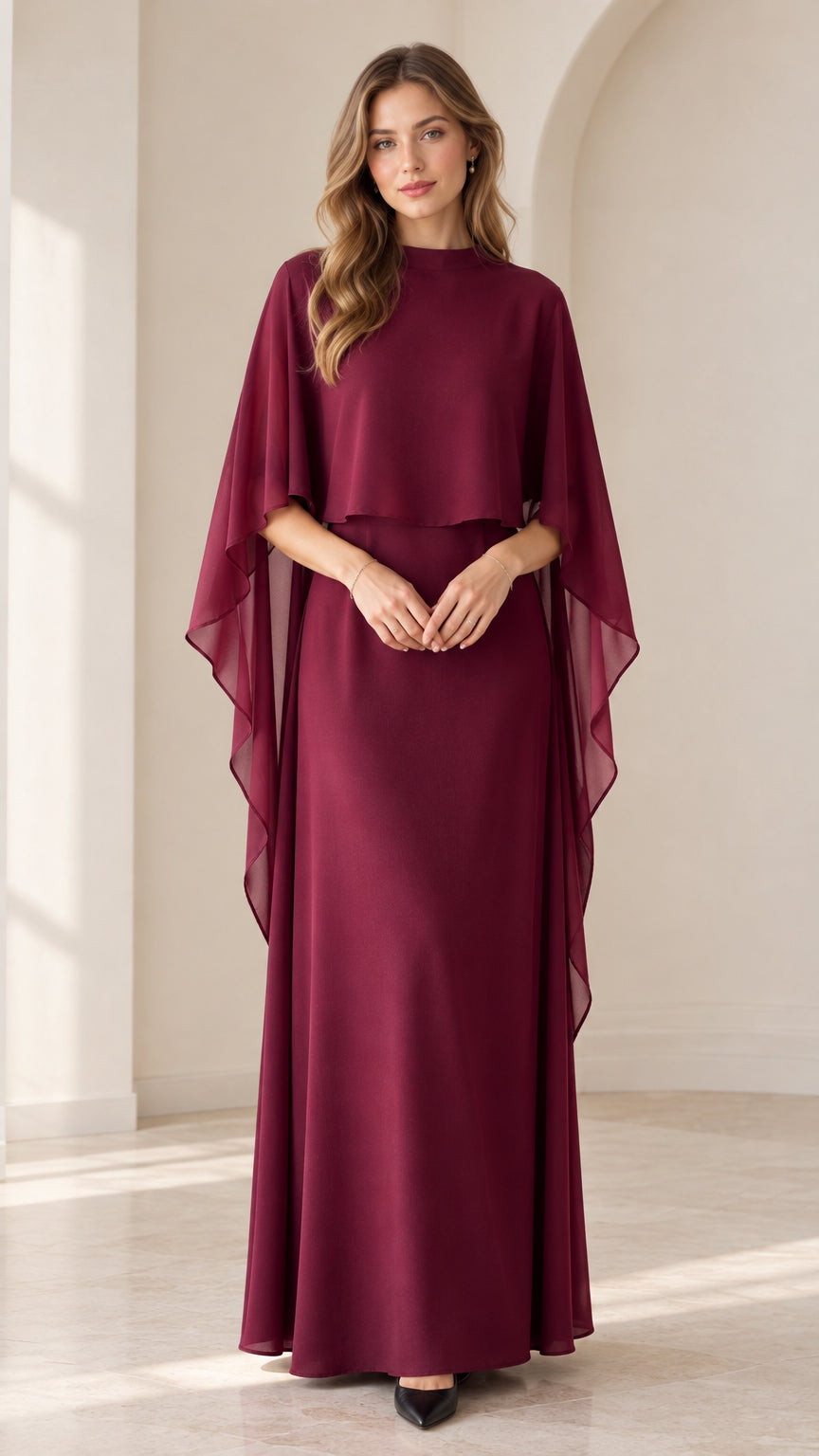 Burgundy capelet chiffon maxi dress front view
