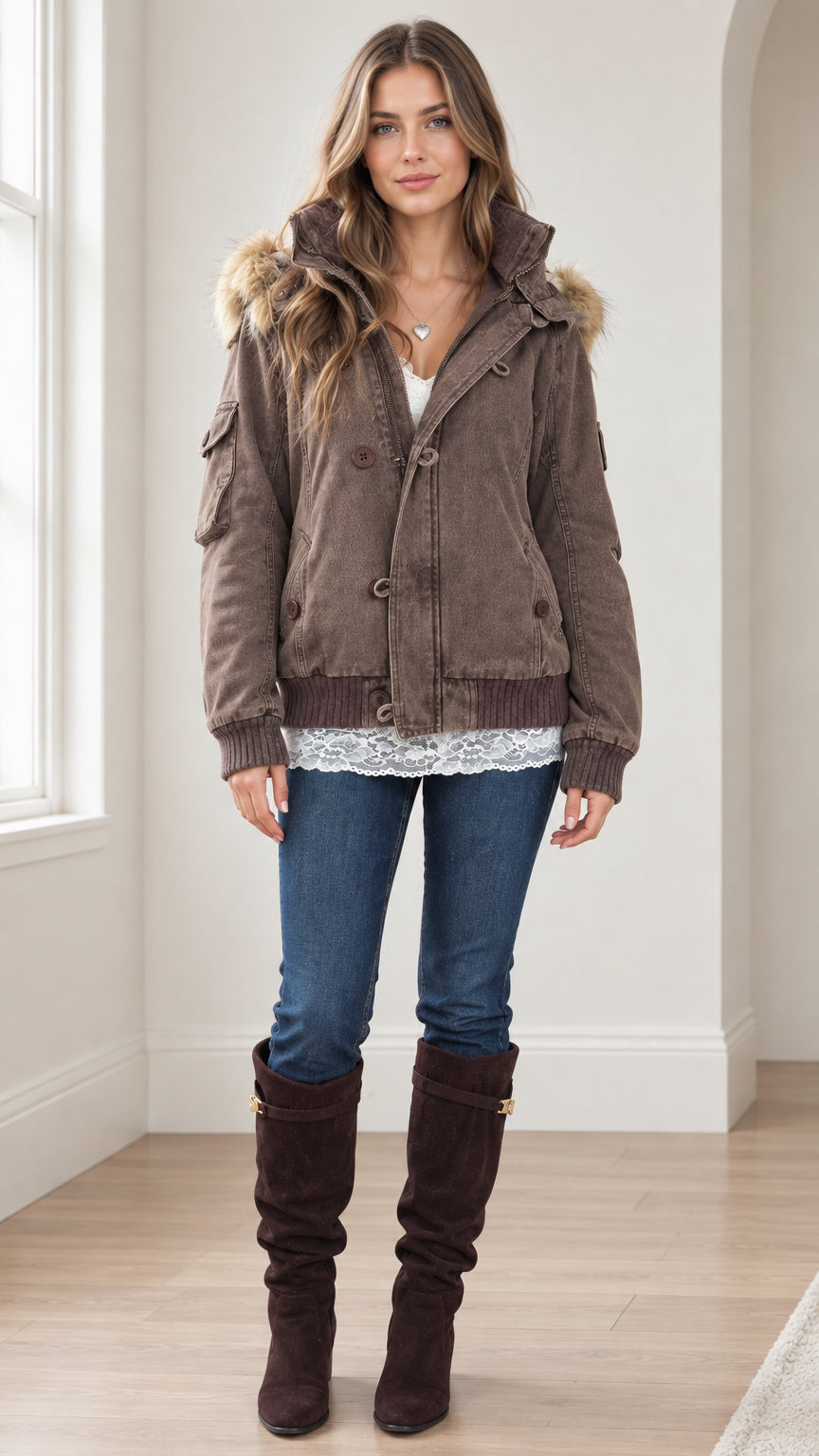 Front full view of woman wearing Mocha Brown hooded utility bomber jacket with faux fur trim