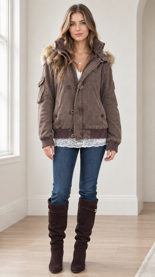 Front full view of woman wearing Mocha Brown hooded utility bomber jacket with faux fur trim