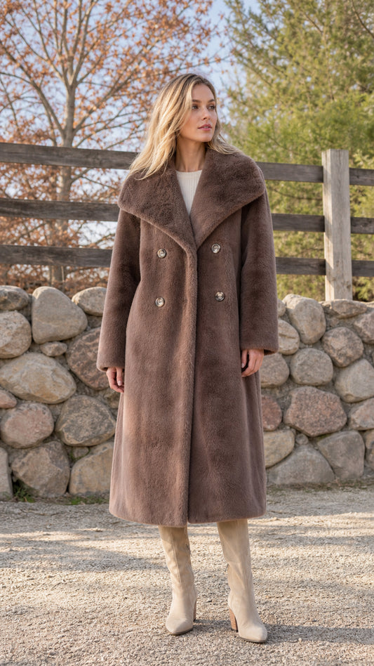 Front view of woman wearing brown faux fur long coat