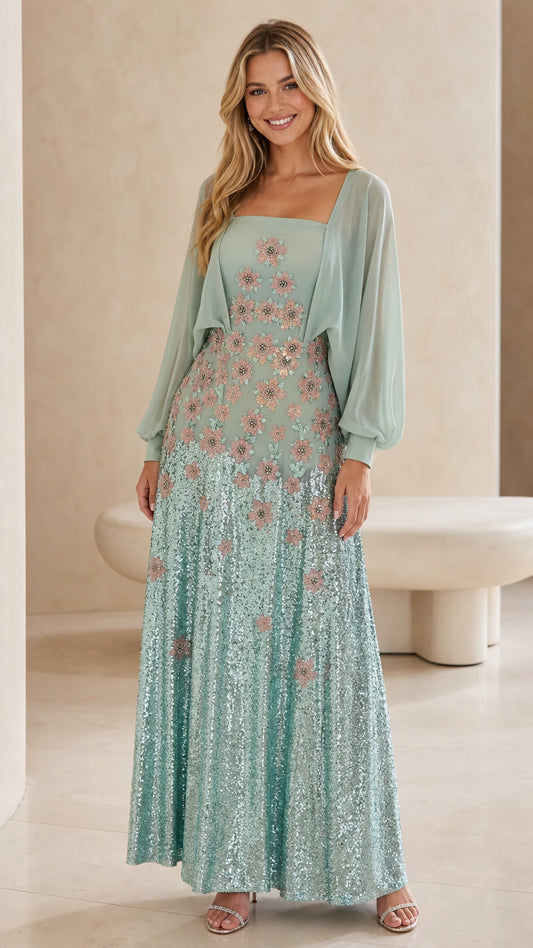 Front view of mint green floral sequin maxi evening gown with chiffon sleeves