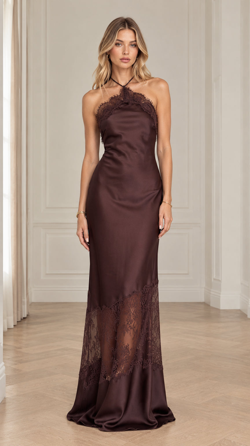 Chocolate Brown Halter Neck Satin Maxi Dress with Lace Inset Front View