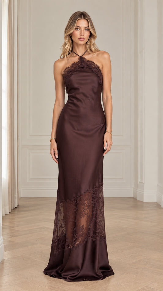 Chocolate Brown Halter Neck Satin Maxi Dress with Lace Inset Front View