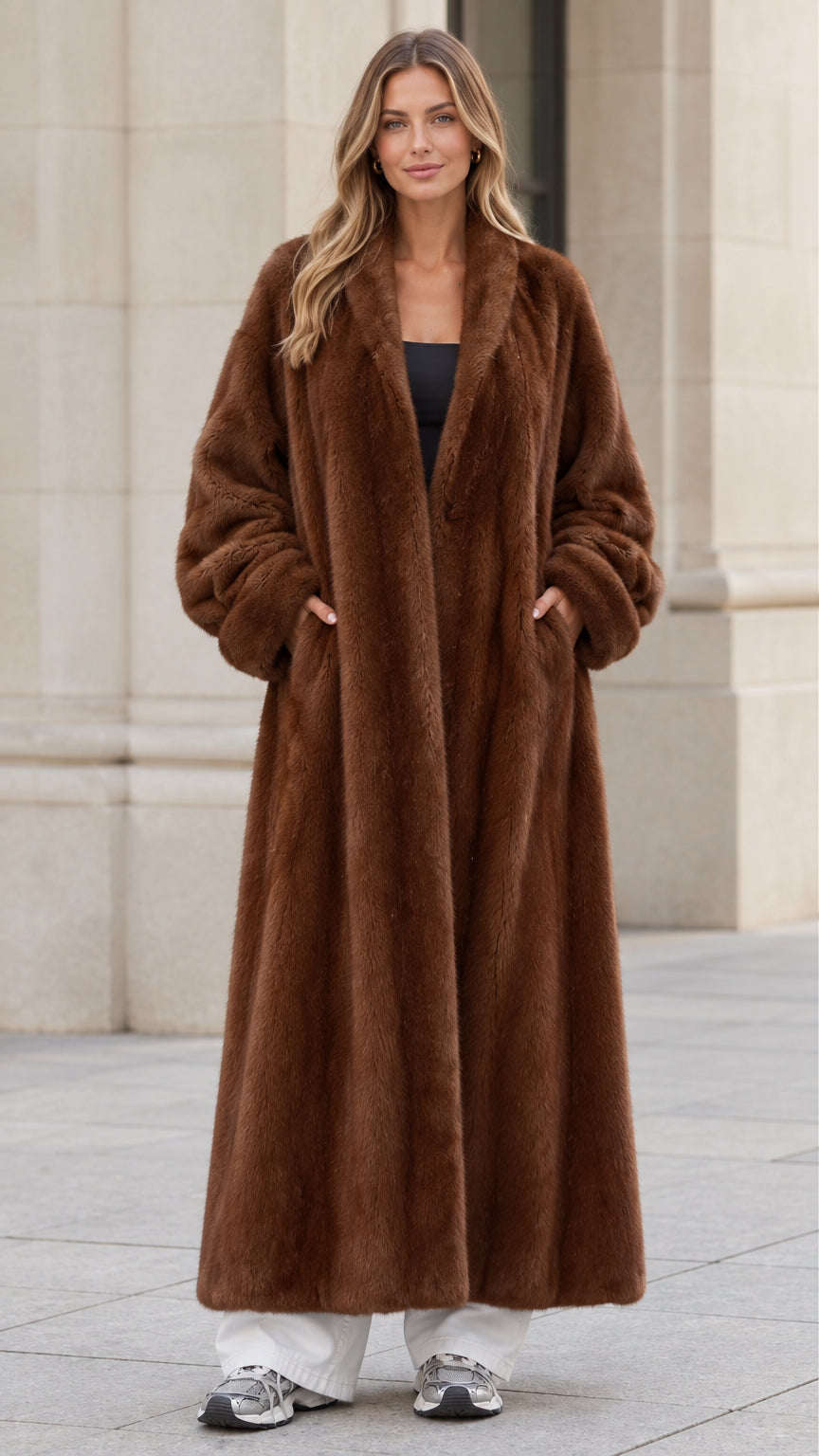 Front view of woman wearing chocolate brown longline plush faux fur maxi coat