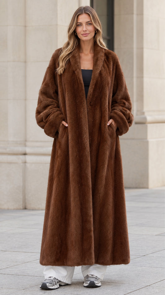 Front view of woman wearing chocolate brown longline plush faux fur maxi coat