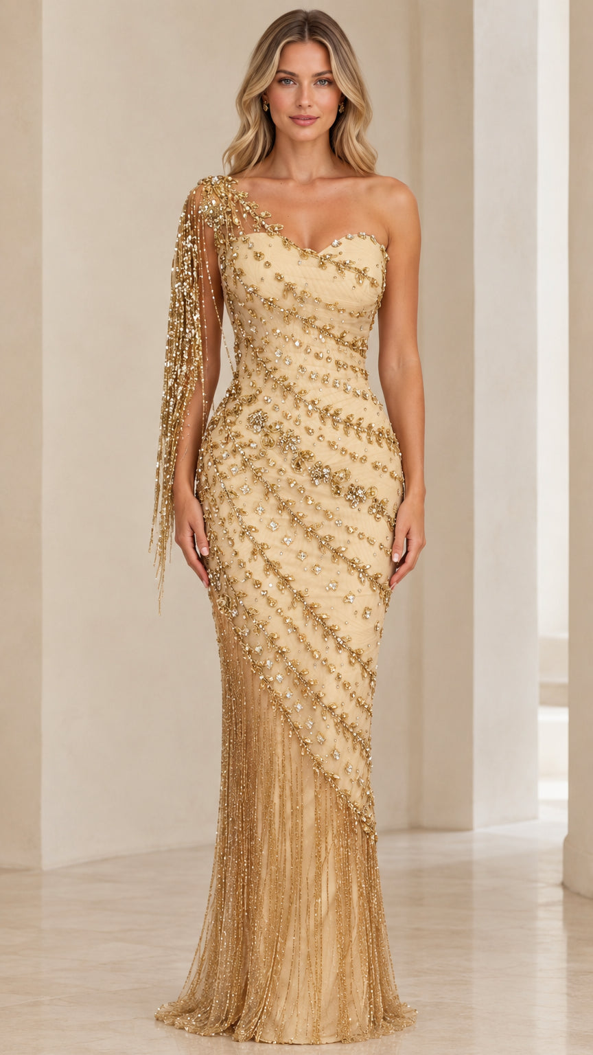 Front view of model wearing Champagne Gold one-shoulder beaded evening gown with fringe sleeve