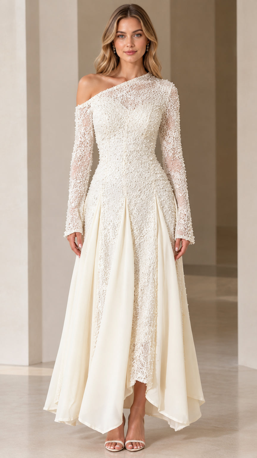 Front view of model wearing Ivory one-shoulder embellished lace maxi evening gown