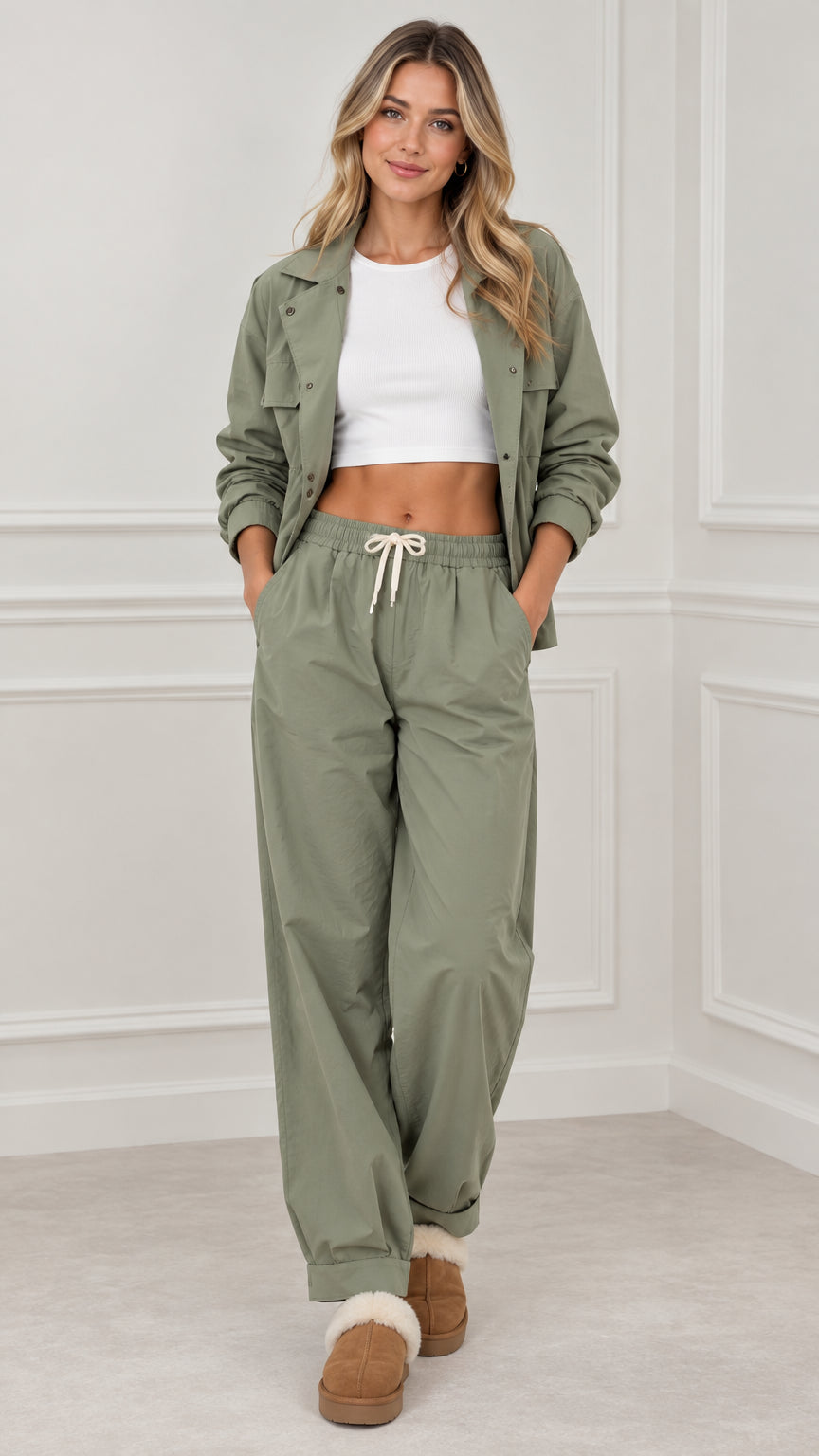 Front full view of woman wearing sage green two-piece utility jacket and jogger pant set