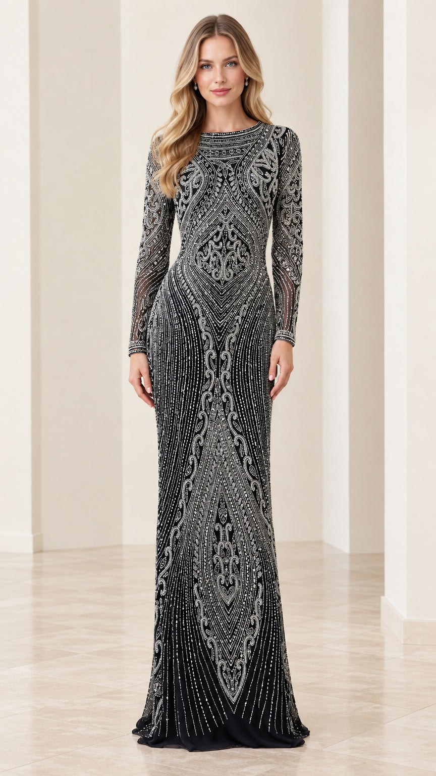 Full front view of model wearing black long sleeve beaded evening gown