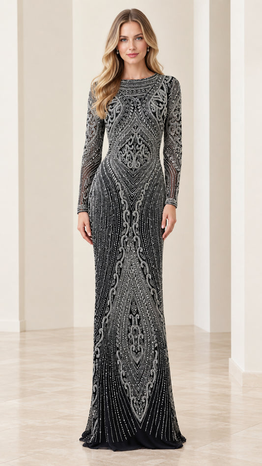 Full front view of model wearing black long sleeve beaded evening gown