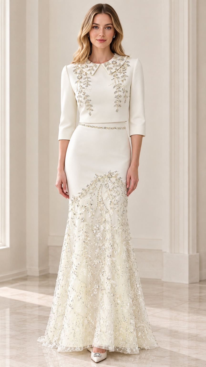 Full front view of model wearing Ivory beaded collar 3/4 sleeve mermaid evening gown